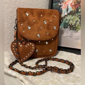 Crystal-Studded Tan Suede Crossbody Bag with Heart Charm